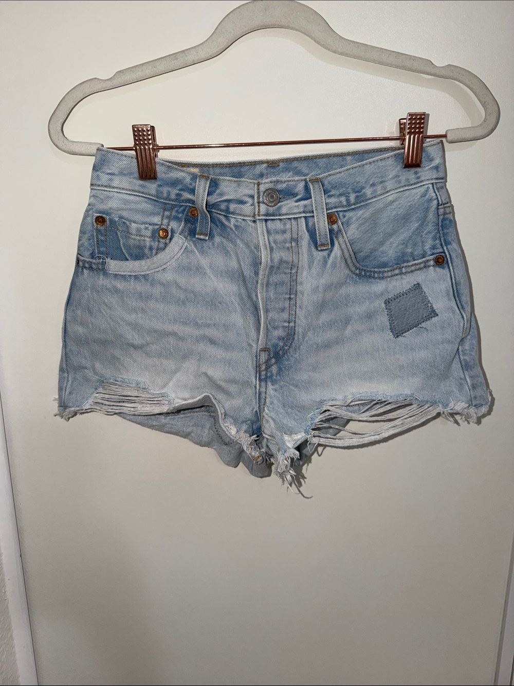 Levi’s 501 Light Blue Distressed Denim Shorts with Patchwork | 24